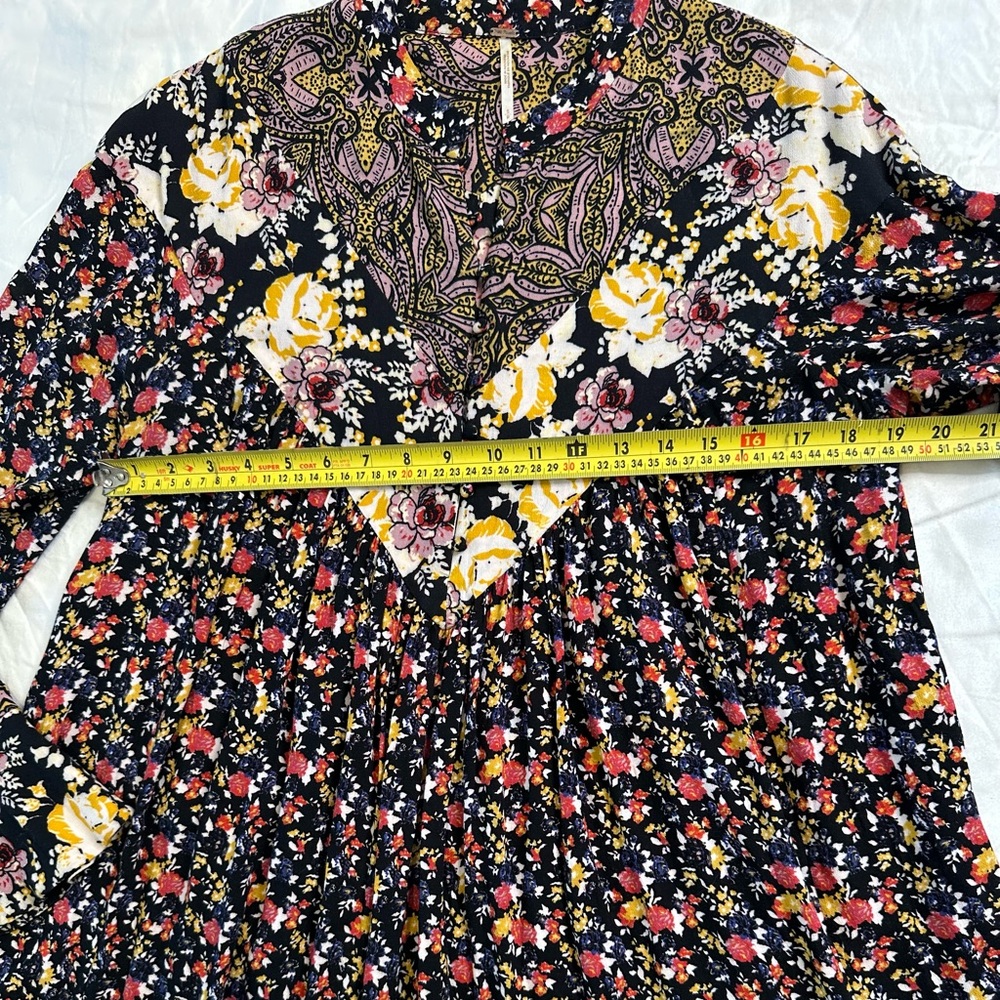 Free People Floral Boho Tunic Dress Black Multicolor Rayon Long Sleeve S/M - Picture 10 of 12